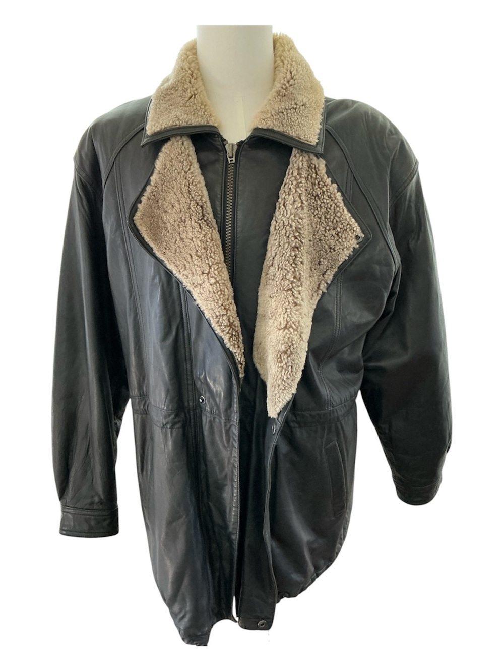 Vintage Saxony Fur Trim Mens Size 42 Black Leather Zip Snap Coat Jacket